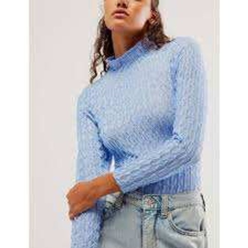 Free People Intimately Mock Neck Bodysuit XL Breezy Blue Textured Long Sleeve